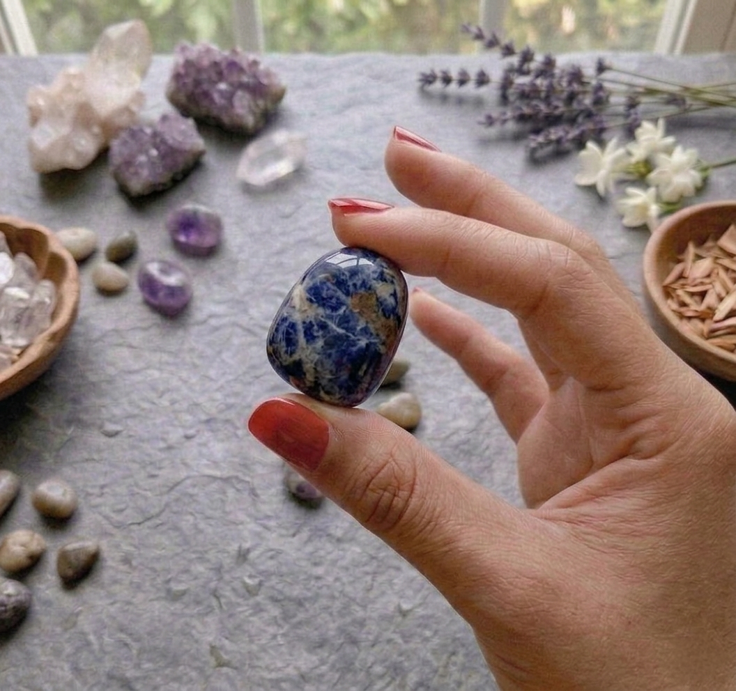 A collection of polished Sodalite crystal tumbles featuring a deep royal blue color and white calcite veins.