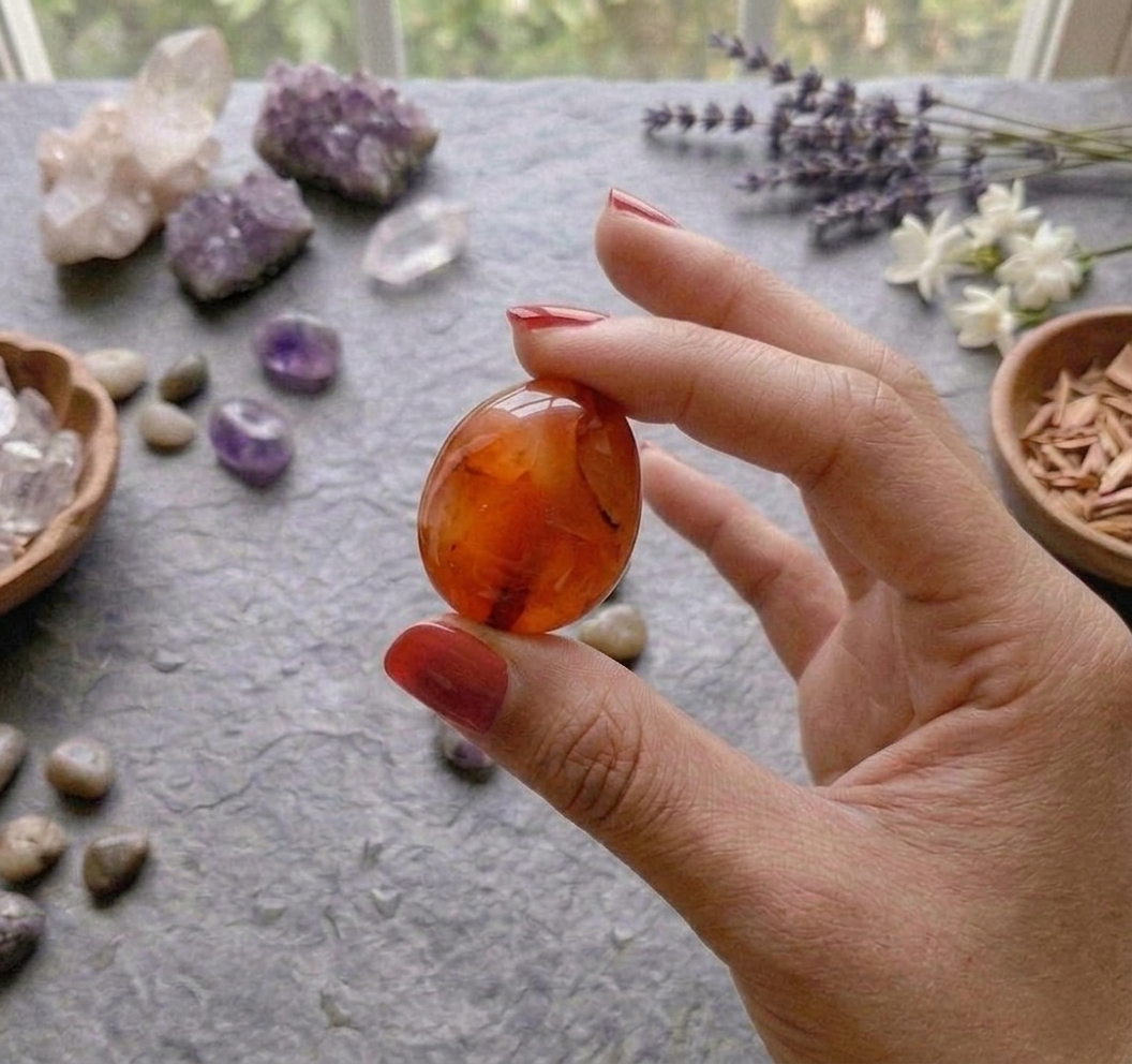 A collection of polished Carnelian crystal tumbles featuring vibrant orange and deep sunset-red translucent colors.