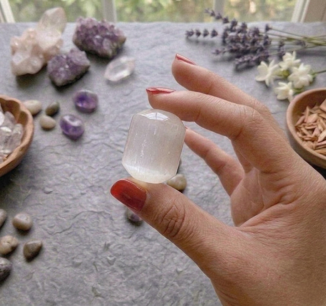 A collection of polished Selenite crystal tumbles featuring a pearly white, translucent fiber-optic glow.