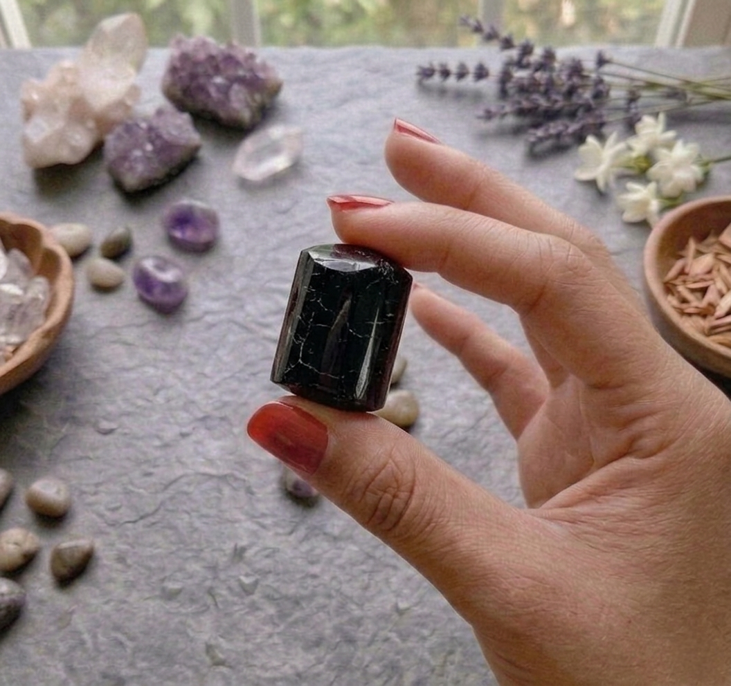 A collection of polished Black Tourmaline crystal tumbles showing a deep, opaque jet-black luster.