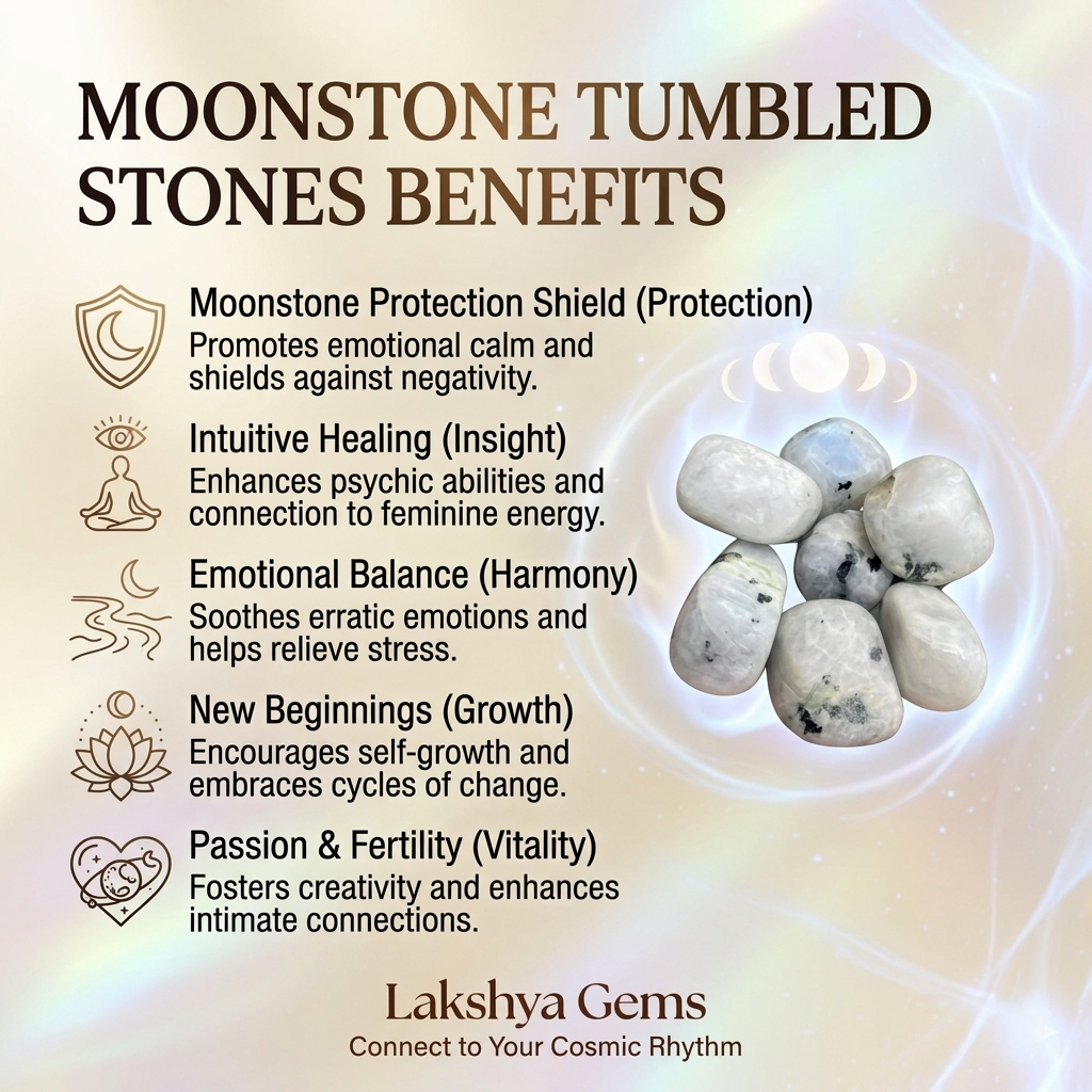 A collection of polished Moonstone crystal tumbles featuring a milky white texture and blue adularescence sheen from lakshya gems mumbai