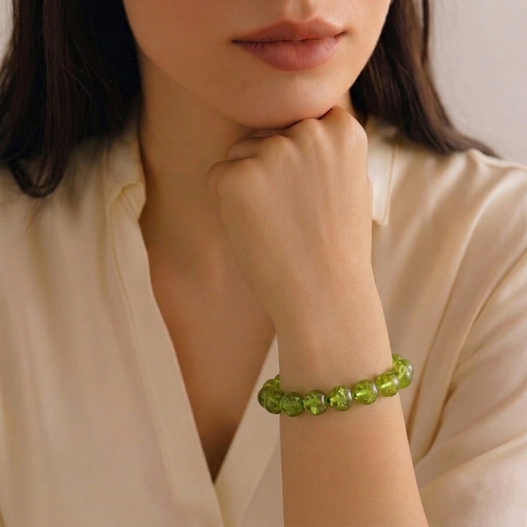 A premium natural peridot crystal bead bracelet showing translucent vibrant lime-green colors and polished finish.
