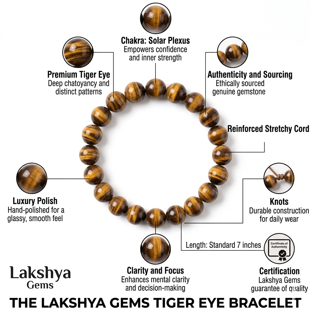 A high-quality Tiger Eye crystal bead bracelet showing vibrant golden-yellow chatoyant bands on a white background.