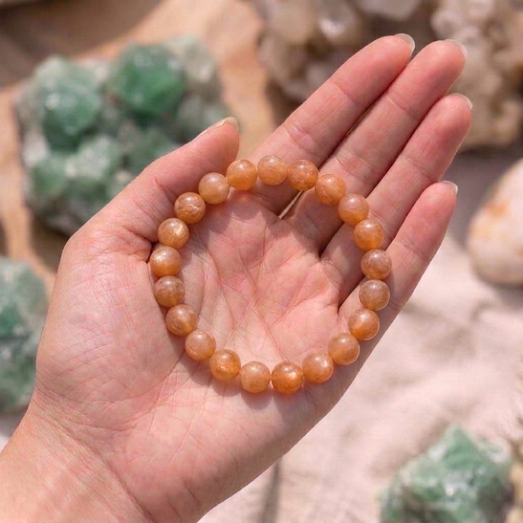 A premium Sunstone crystal bead bracelet showing warm peachy-orange colors with natural internal metallic sparkles.
