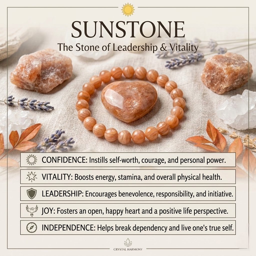 A premium Sunstone crystal bead bracelet showing warm peachy-orange colors with natural internal metallic sparkles.
