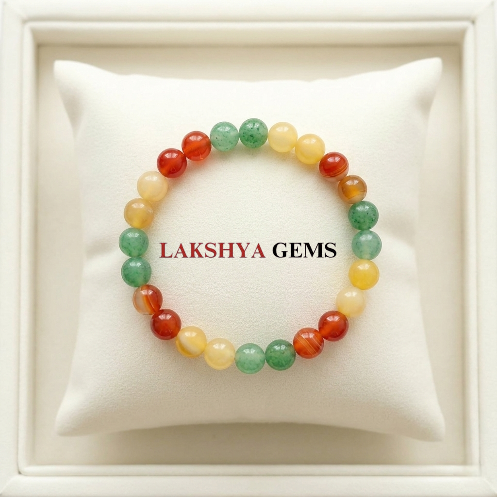A Career Success crystal bracelet featuring a pattern of yellow, orange, and green natural gemstone beads.
