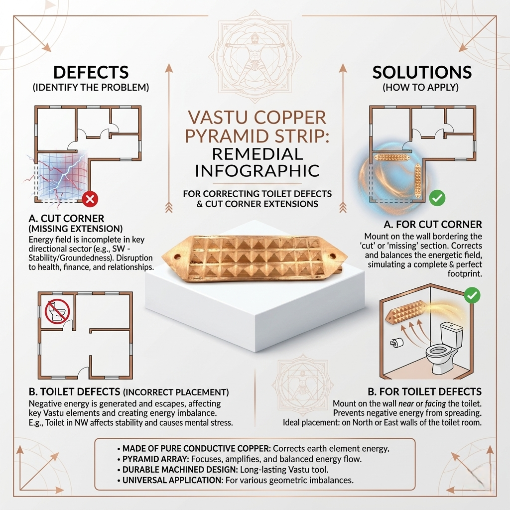 A pure copper Vastu pyramid strip showing multiple pyramid shapes for powerful energy correction and neutralizing defects.