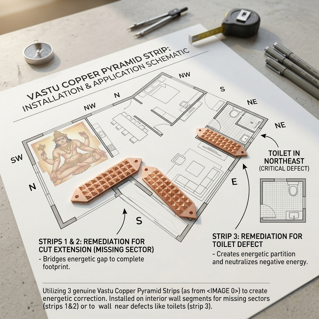 A pure copper Vastu pyramid strip showing multiple pyramid shapes for powerful energy correction and neutralizing defects.