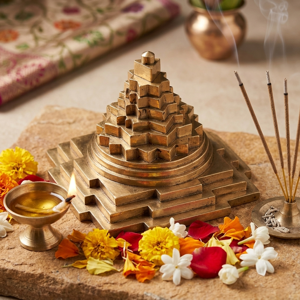 A premium 3D Meru Shree Yantra crafted in pure polished brass featuring intricate Vedic geometric etching.