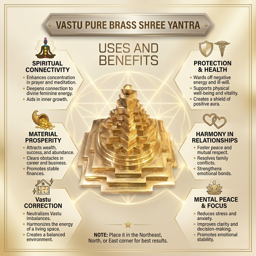 A premium 3D Meru Shree Yantra crafted in pure polished brass featuring intricate Vedic geometric etching.