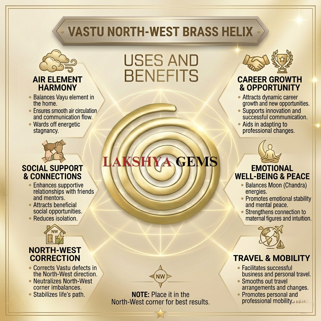 A premium pure brass helix for Vastu Shastra featuring a polished golden spiral design for North-West corner correction.