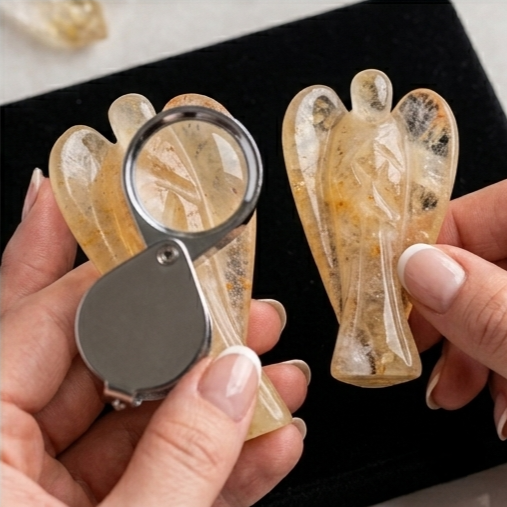 A hand-carved natural Citrine crystal angel showing transparent golden-yellow hues and polished finish.