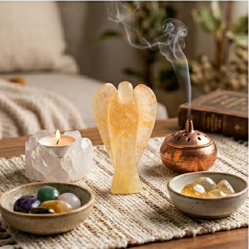 A hand-carved natural Citrine crystal angel showing transparent golden-yellow hues and polished finish.