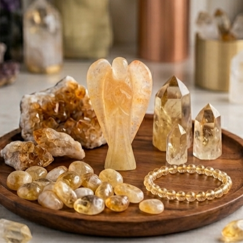 A hand-carved natural Citrine crystal angel showing transparent golden-yellow hues and polished finish.