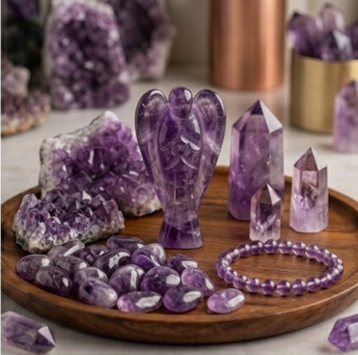 A hand-carved natural Amethyst crystal angel featuring deep purple hues and translucent polished finish.