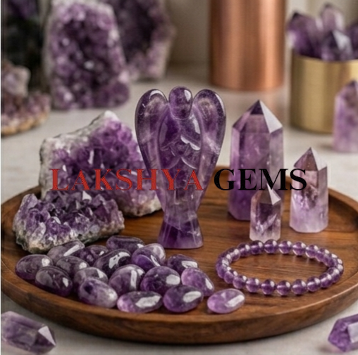 Amethyst crystal Angel from Lakshya Gems Mumbai A hand-carved natural Amethyst crystal angel featuring deep purple hues and translucent polished finish.