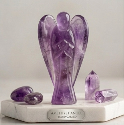 A hand-carved natural Amethyst crystal angel featuring deep purple hues and translucent polished finish.
