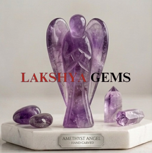 A hand-carved natural Amethyst crystal angel featuring deep purple hues and translucent polished finish.