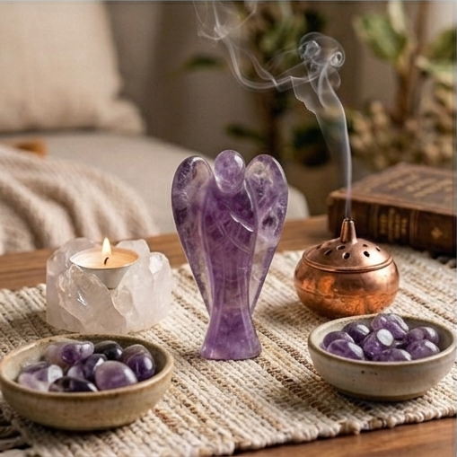 A hand-carved natural Amethyst crystal angel featuring deep purple hues and translucent polished finish.