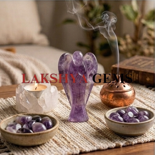 Amethyst crystal Angel from Lakshya Gems Mumbai A hand-carved natural Amethyst crystal angel featuring deep purple hues and translucent polished finish.