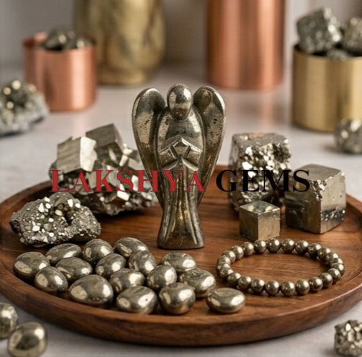 Pyrite crystal Angel from lakshya gems mumbai A hand-carved natural Pyrite crystal angel featuring a brilliant metallic gold luster and polished finish.