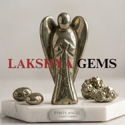 A hand-carved natural Pyrite crystal angel featuring a brilliant metallic gold luster and polished finish.
