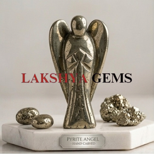 A hand-carved natural Pyrite crystal angel featuring a brilliant metallic gold luster and polished finish.
