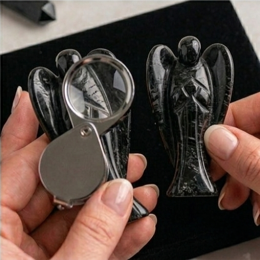 A hand-carved natural Black Tourmaline crystal angel with a deep jet-black color and smooth polished finish.