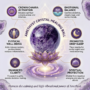 A polished natural Amethyst sphere showing deep purple crystal structures and internal veils on a wooden stand.