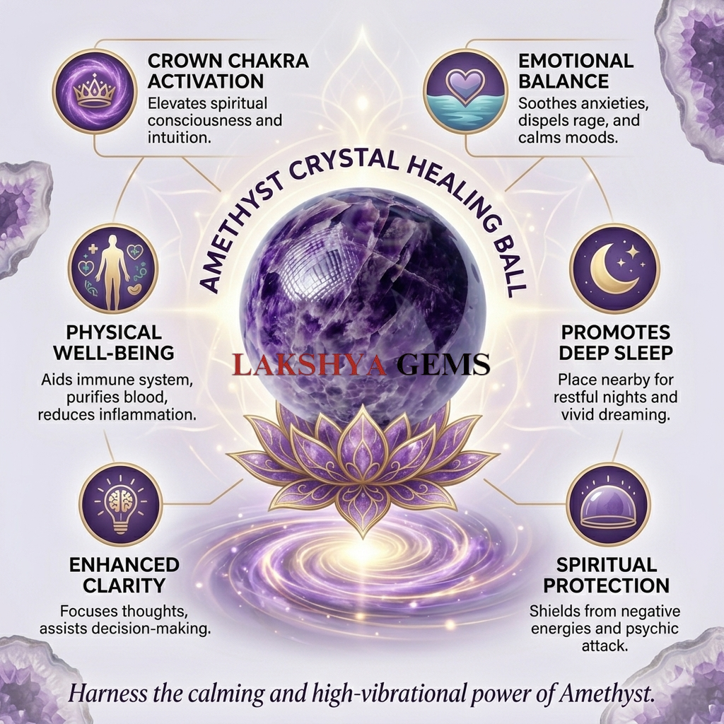 Amethyst Crystal healing Sphere / ball from Lakshya Gems Mumbai A polished natural Amethyst sphere showing deep purple crystal structures and internal veils on a wooden stand.