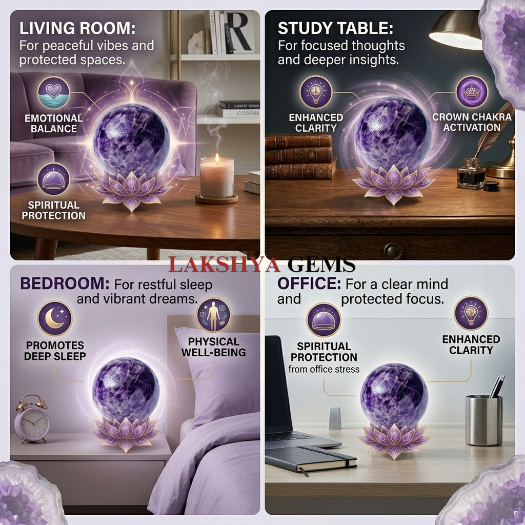 A polished natural Amethyst sphere showing deep purple crystal structures and internal veils on a wooden stand.