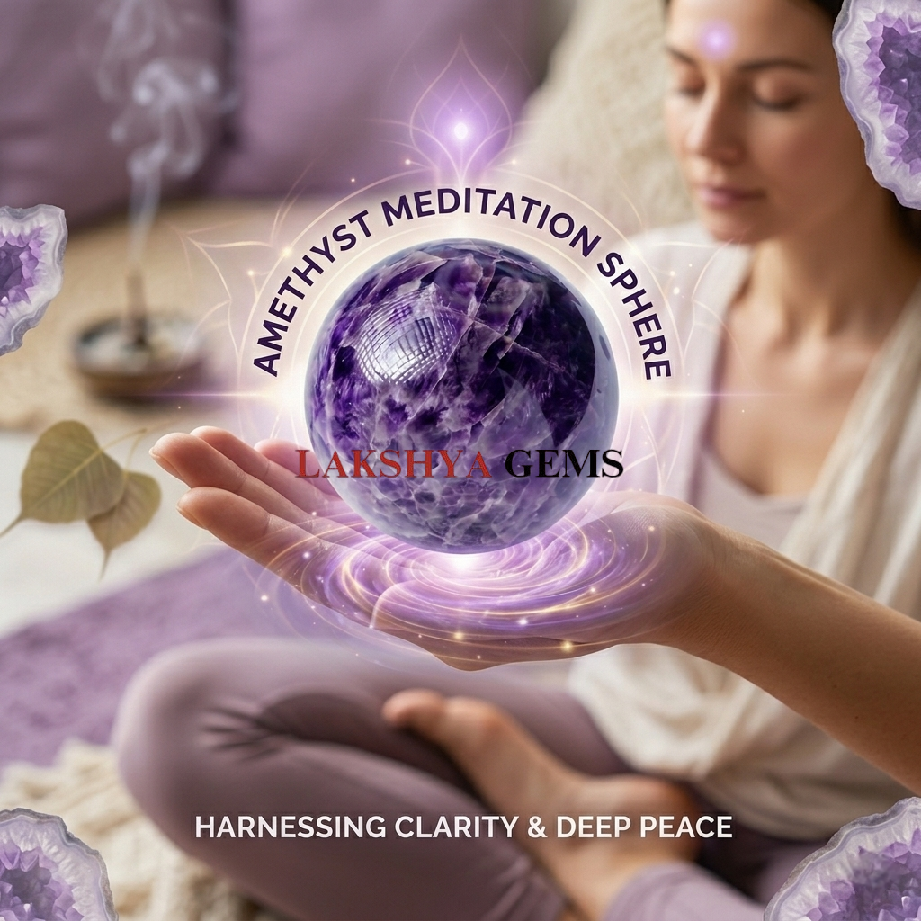 A polished natural Amethyst sphere showing deep purple crystal structures and internal veils on a wooden stand.