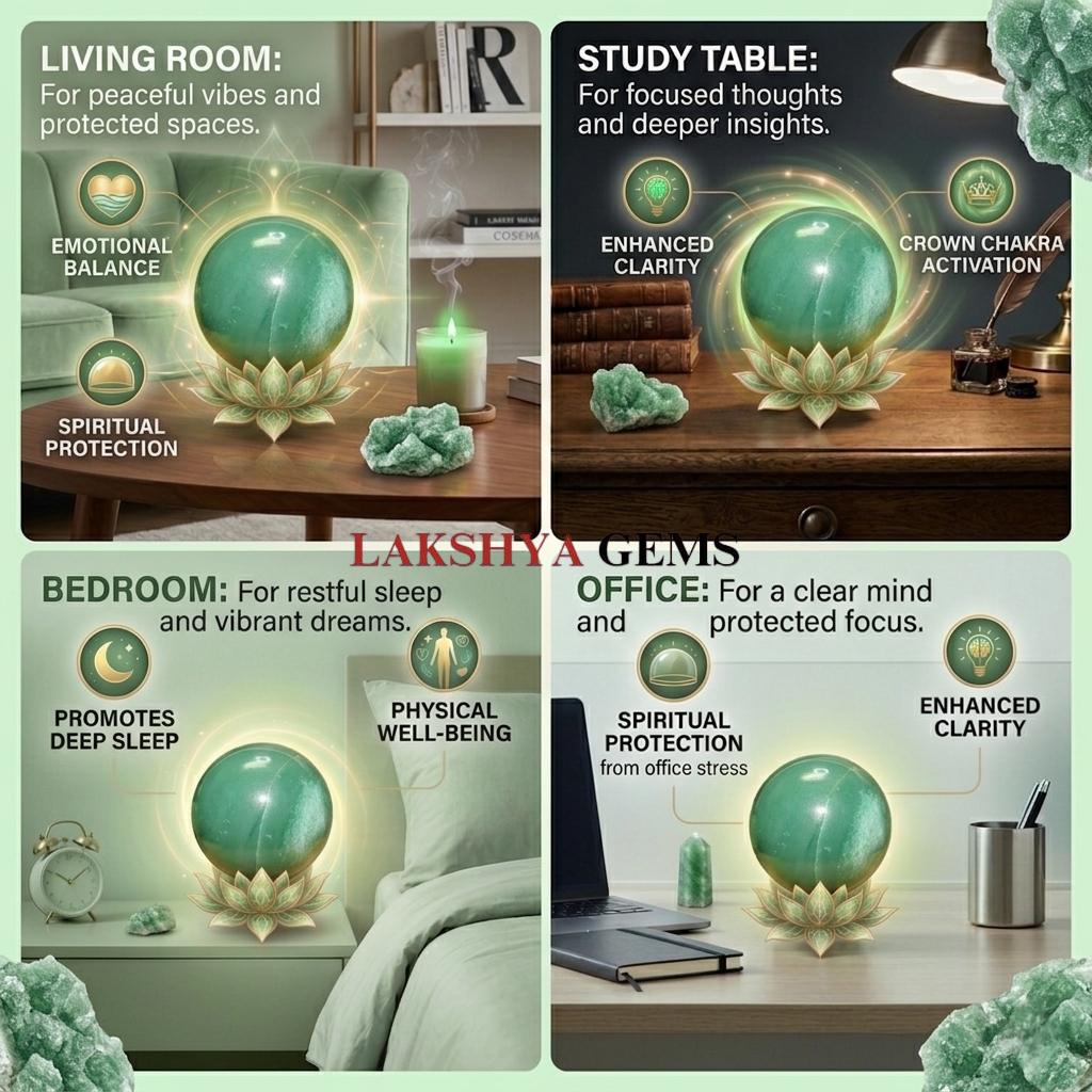 Macro view of an authentic Green Aventurine sphere highlighting the natural mineral texture and high-gloss finish.