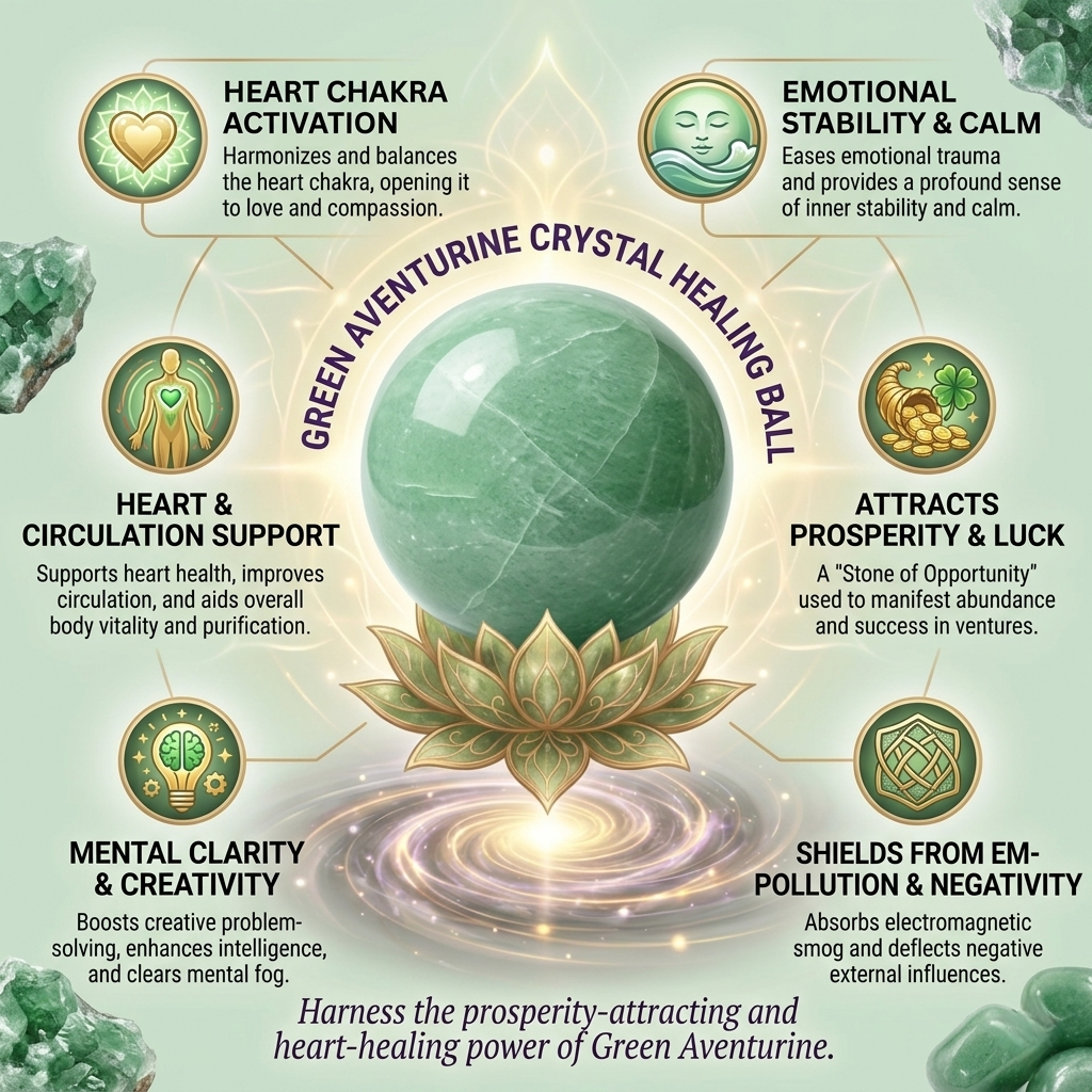 A polished natural Green Aventurine sphere showing rich forest-green color and subtle metallic shimmer.