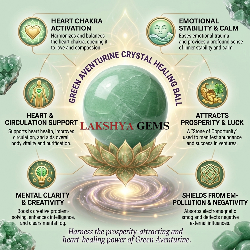 Green Aventurine Crystal Sphere Ball from Lakshya Gems Mumbai Macro view of an authentic Green Aventurine sphere highlighting the natural mineral texture and high-gloss finish.
