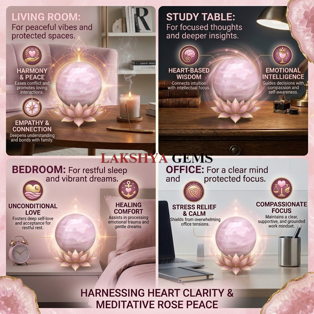 Rose Quartz Crystal Healing Sphere ball from Lakshya Gems Mumbai A polished natural Rose Quartz sphere featuring a soft milky-pink color and natural internal crystal veils.
