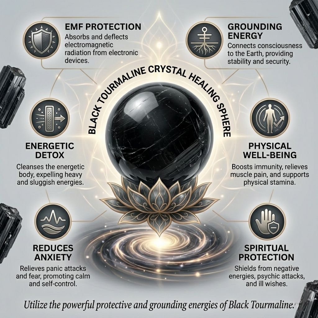 A polished natural Black Tourmaline sphere ball displaying a deep, lustrous finish from Lakshya Gems.