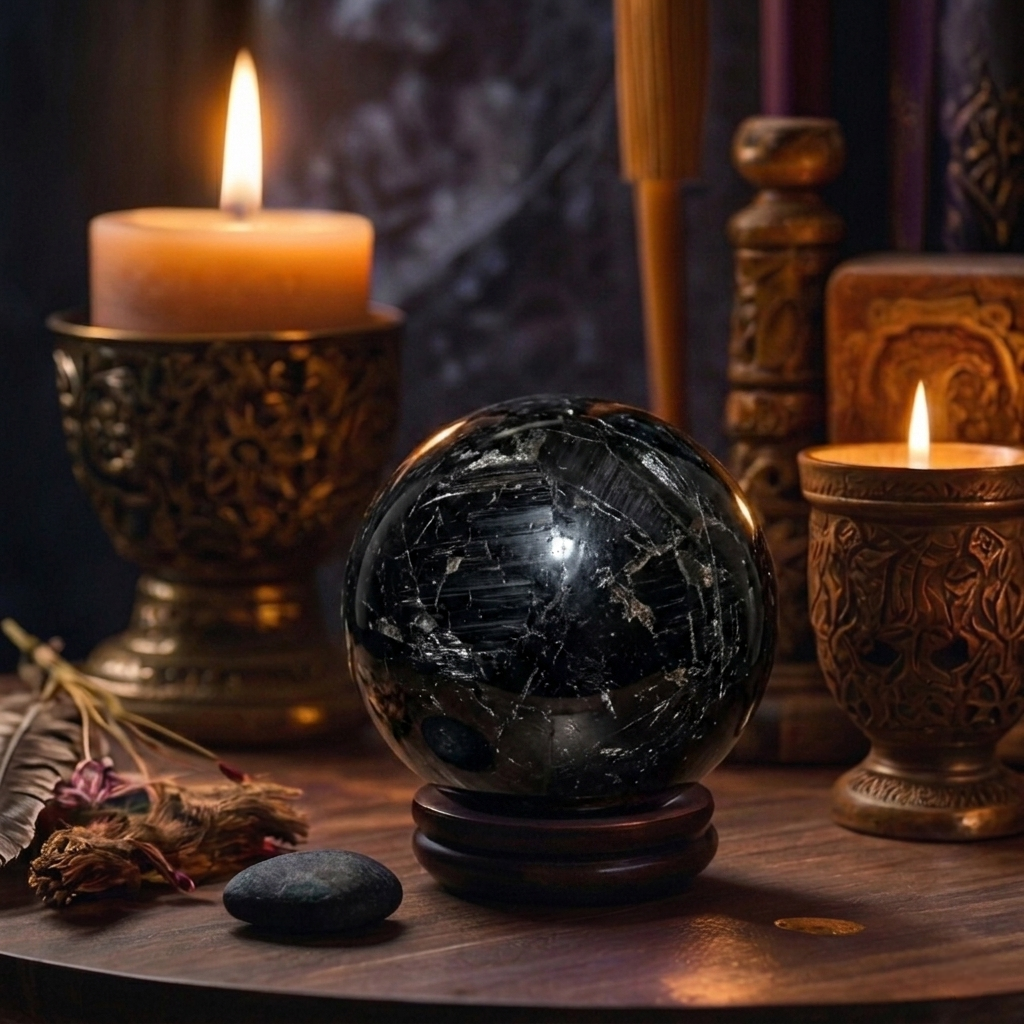 A polished natural Black Tourmaline sphere ball displaying a deep, lustrous finish from Lakshya Gems.