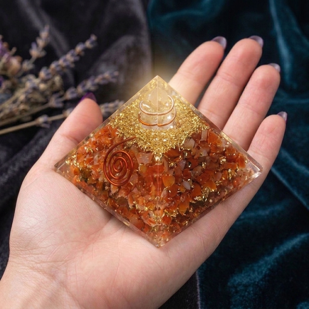 Carnelian pyramid from lakshya gems mumbai A polished natural Carnelian pyramid showing vibrant orange-red hues from the Lakshya Gems collection.