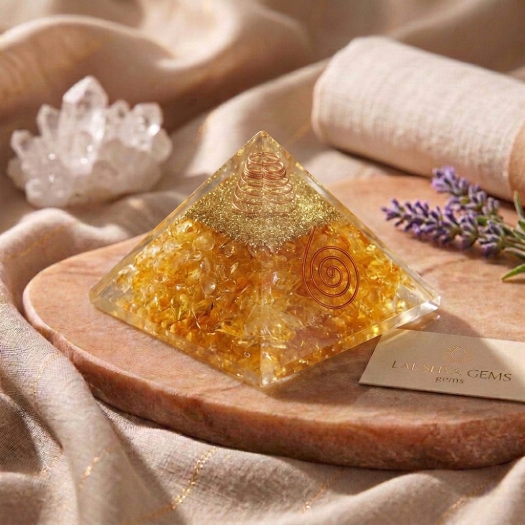 Natural Citrine Crystal pyramid with a transparent golden yellow hue for wealth manifestation.