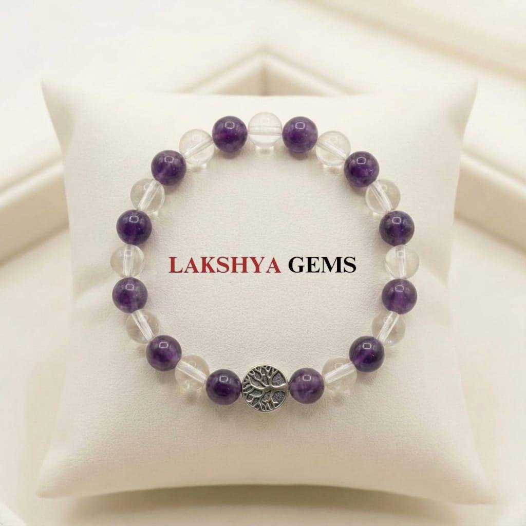 Anger Management crystal Bracelet featuring natural purple Amethyst, and clear quartz from lashya gems