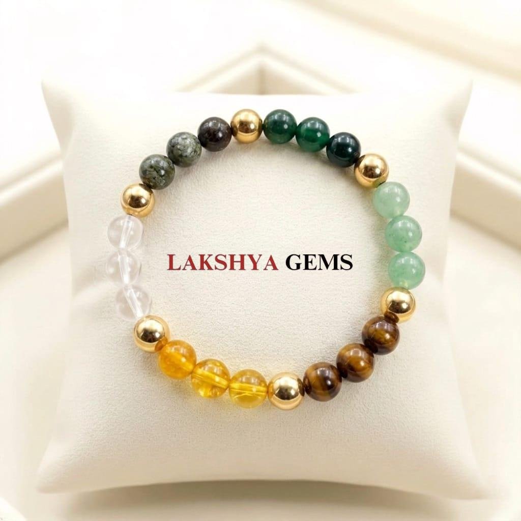 best mumbai DhanYog Wealth Bracelet featuring natural Citrine, metallic Pyrite, Green Jade, and Green Aventurine beads. lakshya gems