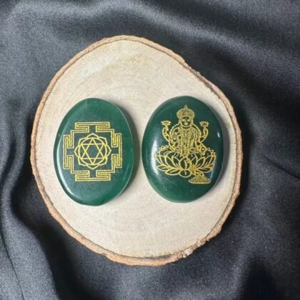 Natural Green Jade coin engraved with Goddess Lakshmi and the sacred Shree Yantra.