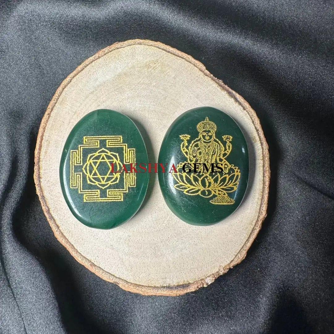 Natural Green Jade coin engraved with Goddess Lakshmi and the sacred Shree Yantra.