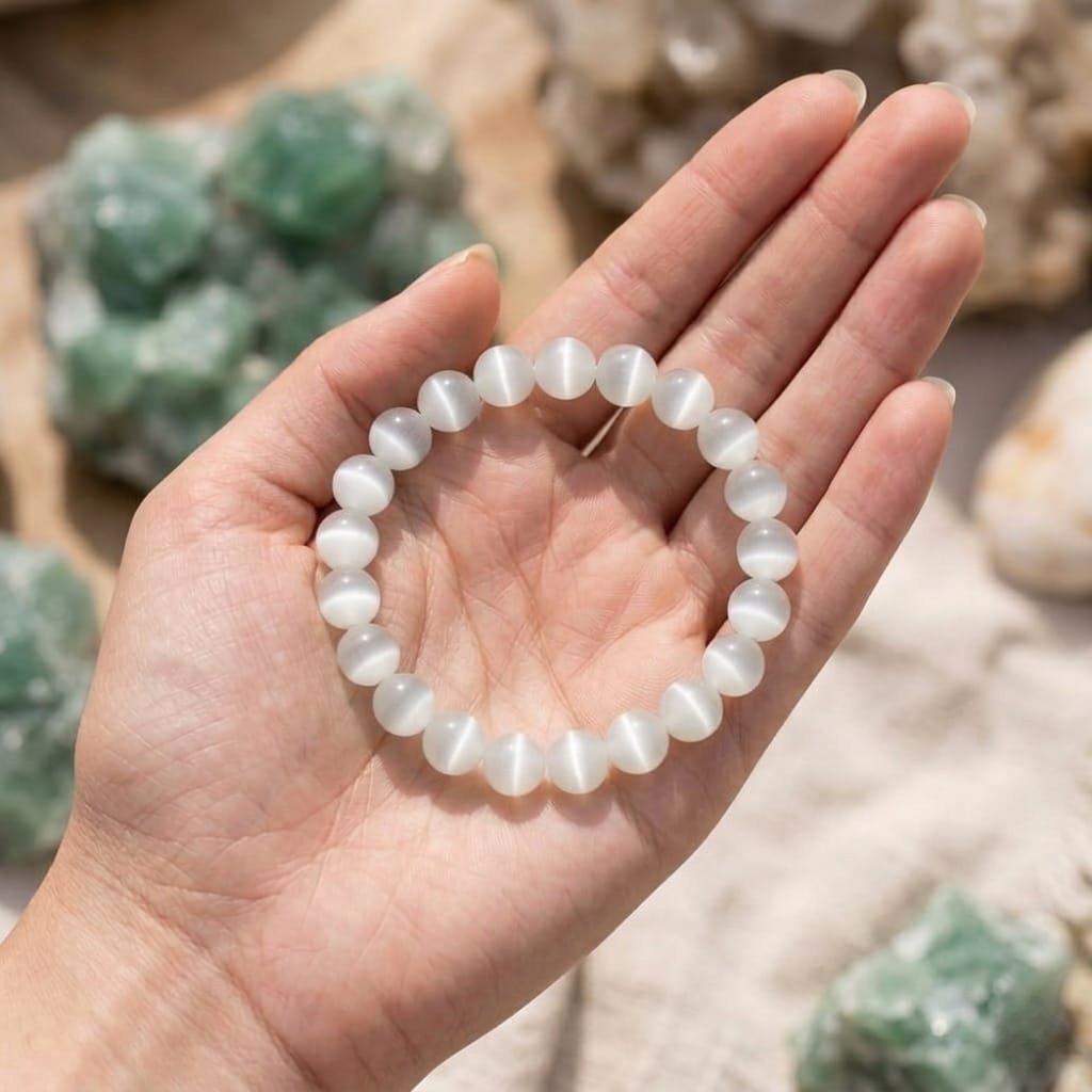 Natural Selenite beaded bracelet with a pearly white translucent luster for energy cleansing from lakshya Gems
