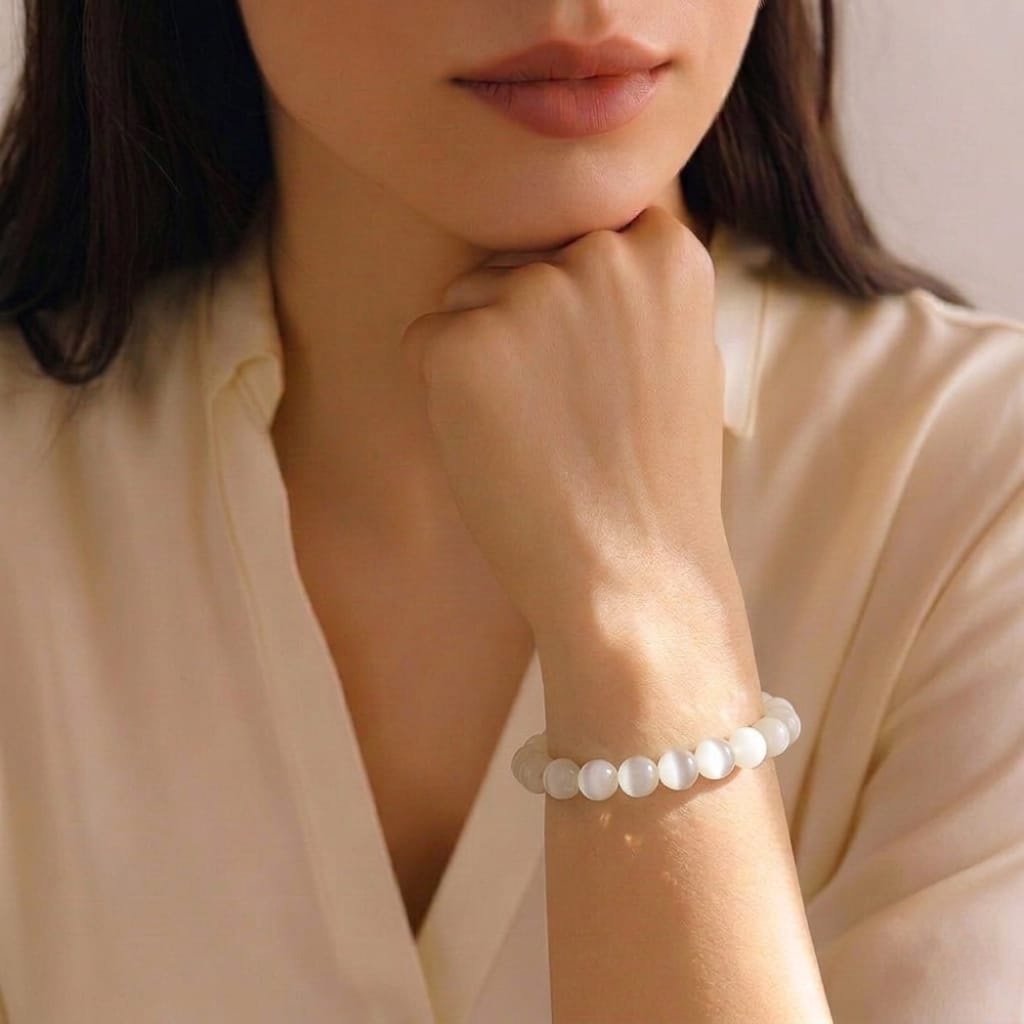 Natural Selenite beaded bracelet with a pearly white translucent luster for energy cleansing from lakshya gems