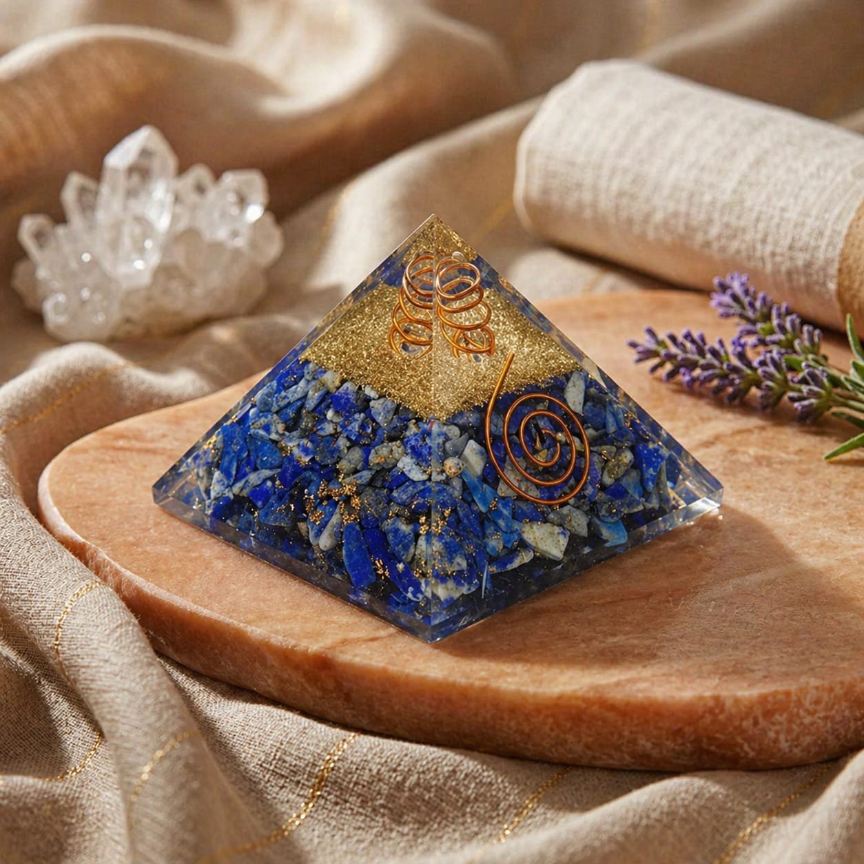Lapis Lazuli pyramid showing deep blue color with golden pyrite inclusions and a polished finish from lakshya gems mumbai