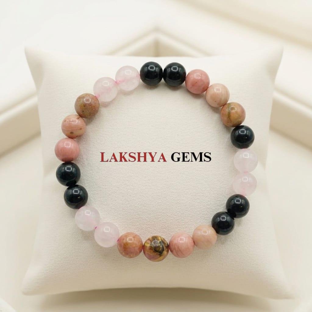 Handcrafted Love and Relationship Bracelet featuring natural Rose Quartz and pink-black Rhodonite beads from lakshya gems