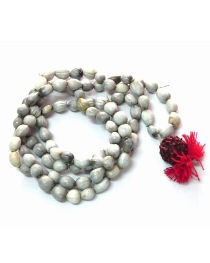 Authentic off-white Vaijanti Japa Mala with 108 natural seeds and a yellow tassel.