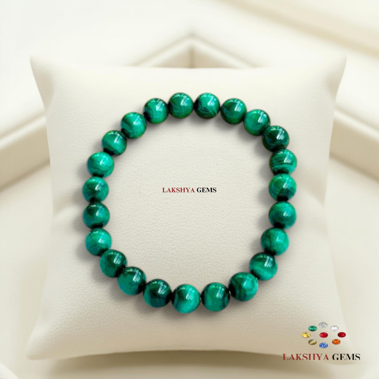 Natural Malachite beaded bracelet with vibrant green swirling patterns and high-gloss finish.